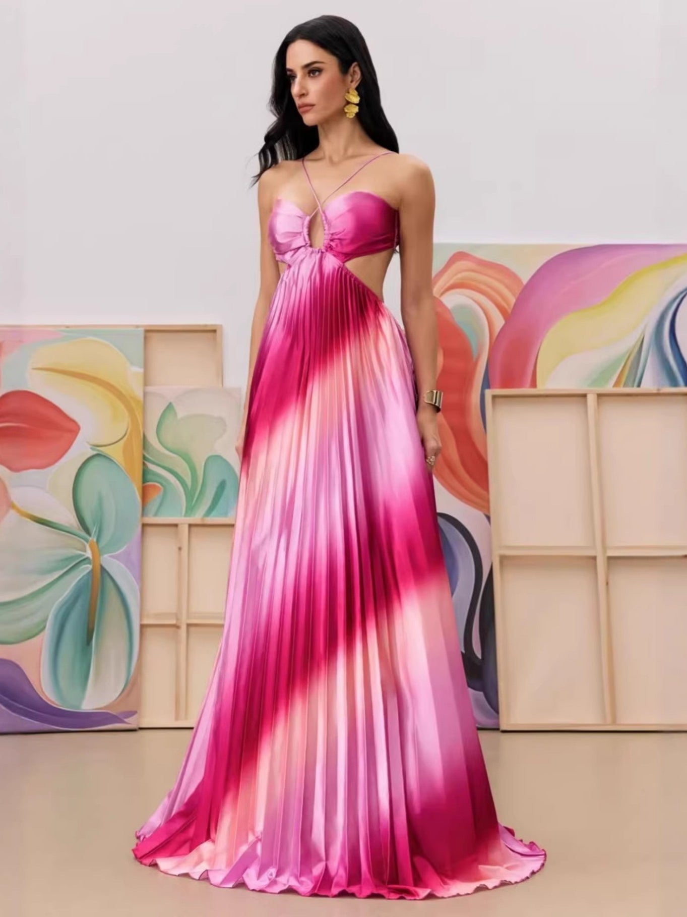 VVZ Pink Ombré Pleated Satin Long Gown