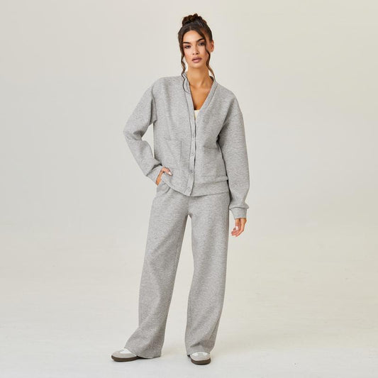 VVZ Women's Slouchy Solid Color V Neck Long Sleeve Button Cardigan & Drawstring Waist Two Piece