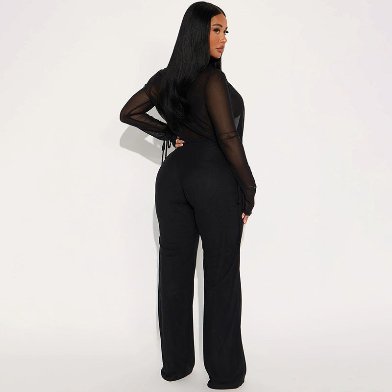 VVZ Deep V-Neck Mesh Top Paired with Wide-Leg Pants