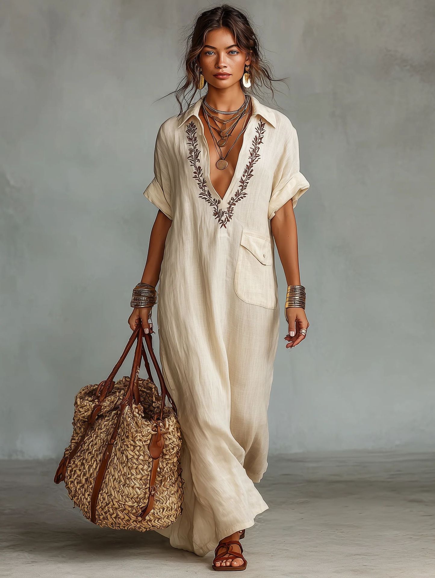 VVZ Casual V-neck short-sleeved long dress with pockets