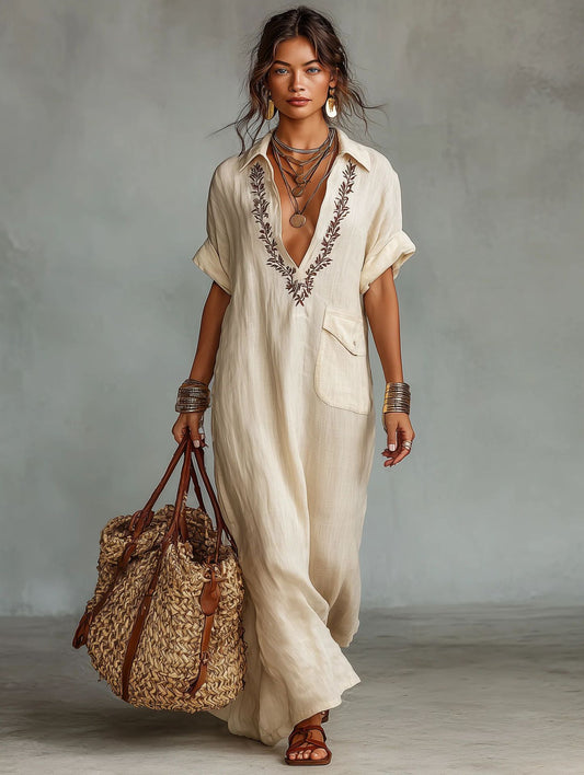 VVZ Casual V-neck short-sleeved long dress with pockets