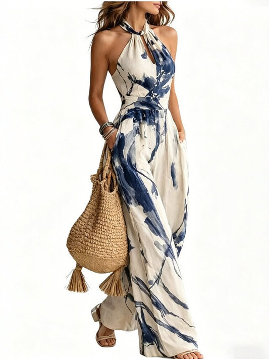 VVZ Women's Ink-Wash Print Halter-Neck Jumpsuit