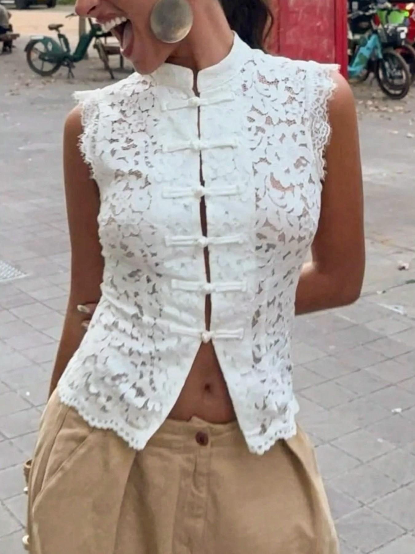 VVZ Women's Summer Lace Stand-Collar Top