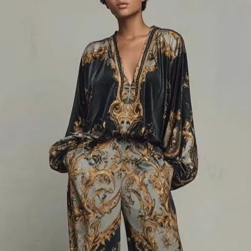 VVZ Deep V-Neck Top and High-Waisted Wide-Leg Pants