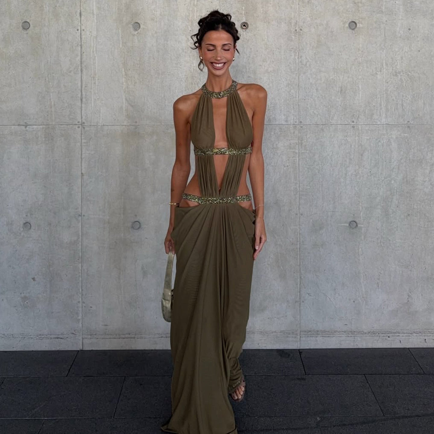 VVZ Sexy Backless Sequin Maxi Dress with Spaghetti Straps