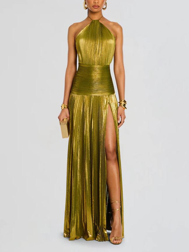 VVZ Halter-Neck Metallic Pleated Maxi Dress