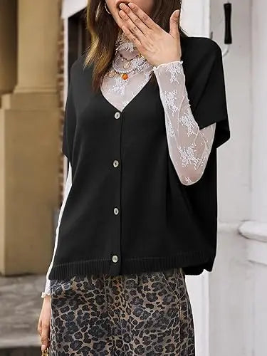 VVZ Lightweight, Short-Sleeve Batwing Knit Top with Button-Front V-Neck