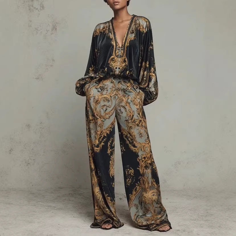 VVZ Deep V-Neck Top and High-Waisted Wide-Leg Pants
