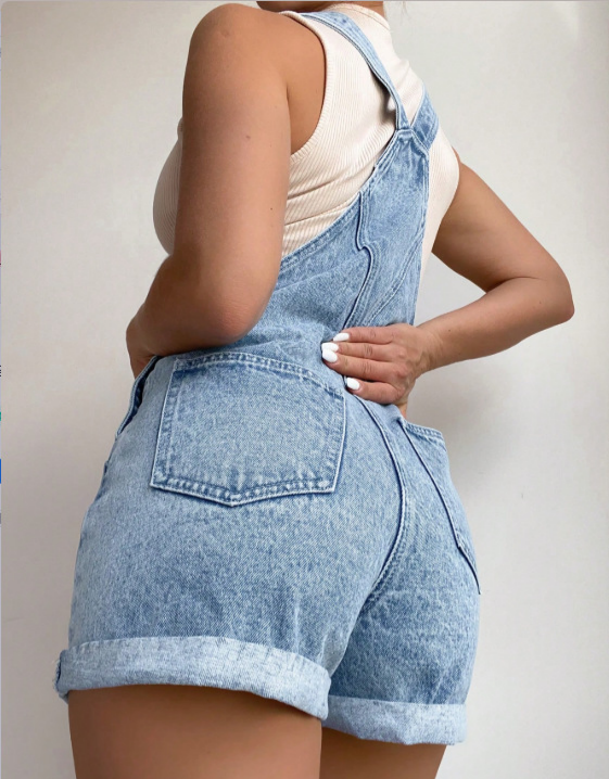 VVZ Vintage light-wash denim open-back overall shorts