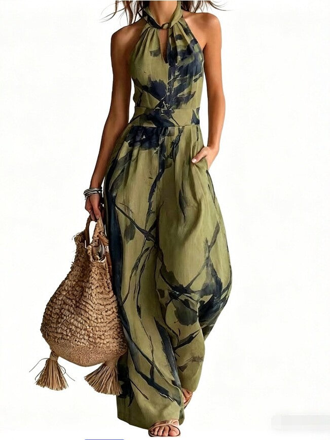 VVZ Women's Ink-Wash Print Halter-Neck Jumpsuit
