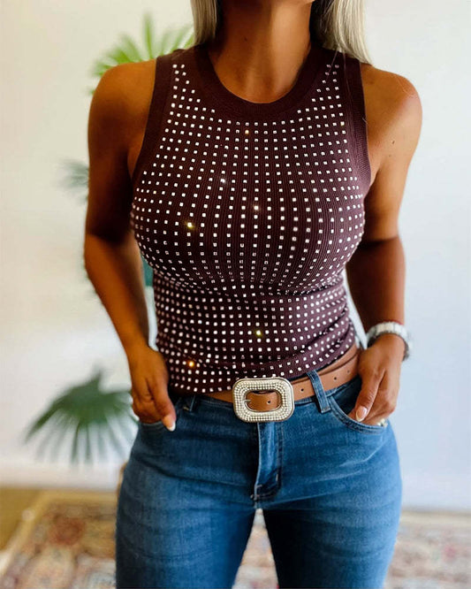 VVZ Women's Rhinestone Decorated Round Neck Sleeveless Slim Fit Ribbed Vest