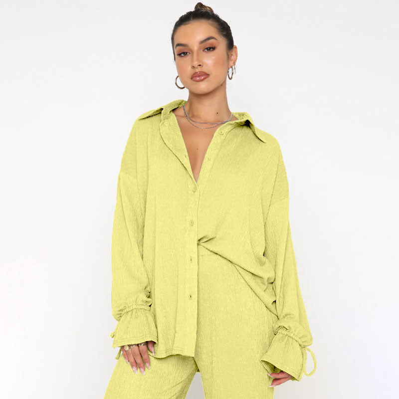 VVZ Women's Solid-Color Collared Button-Down Shirt and Slit-Hem Trousers Set