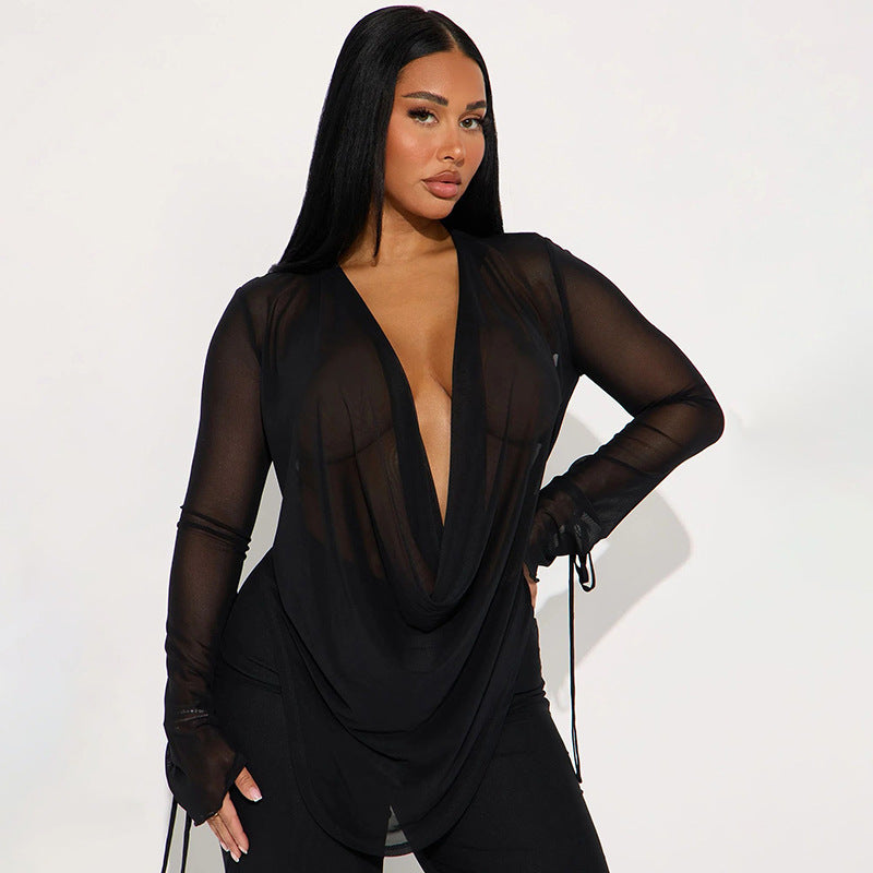 VVZ Deep V-Neck Mesh Top Paired with Wide-Leg Pants