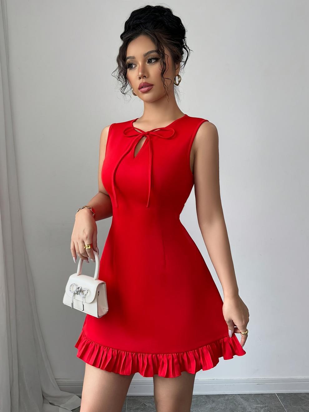 VVZ Elegant Women's Round Neck Bow Design Sleeveless Mini Dress