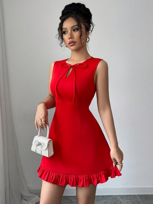 VVZ Elegant Women's Round Neck Bow Design Sleeveless Mini Dress
