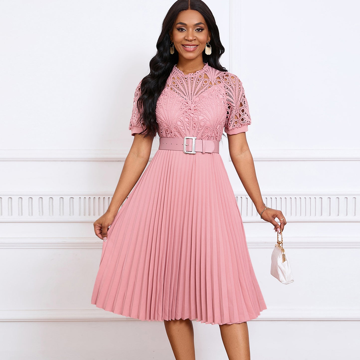 VVZ Women's Solid-Color Round-Neck Puff-Sleeve Mini Dress