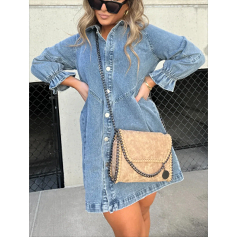 VVZ Washed Denim Puff-Sleeve Mini Dress