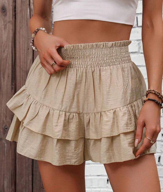 VVZ Women's High-Waisted Pleated Shorts with Ruffle Trim