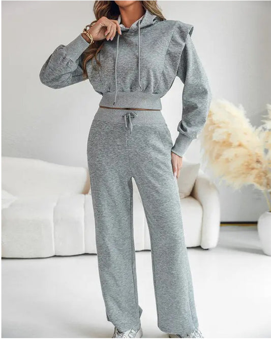 VVZ Hooded Long Sleeve Sweatshirt and Casual Wide Leg Sweatpants Set