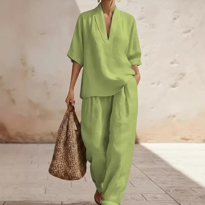 VVZ Women's Lightweight Summer Solid-Color V-Neck Short-Sleeve Set