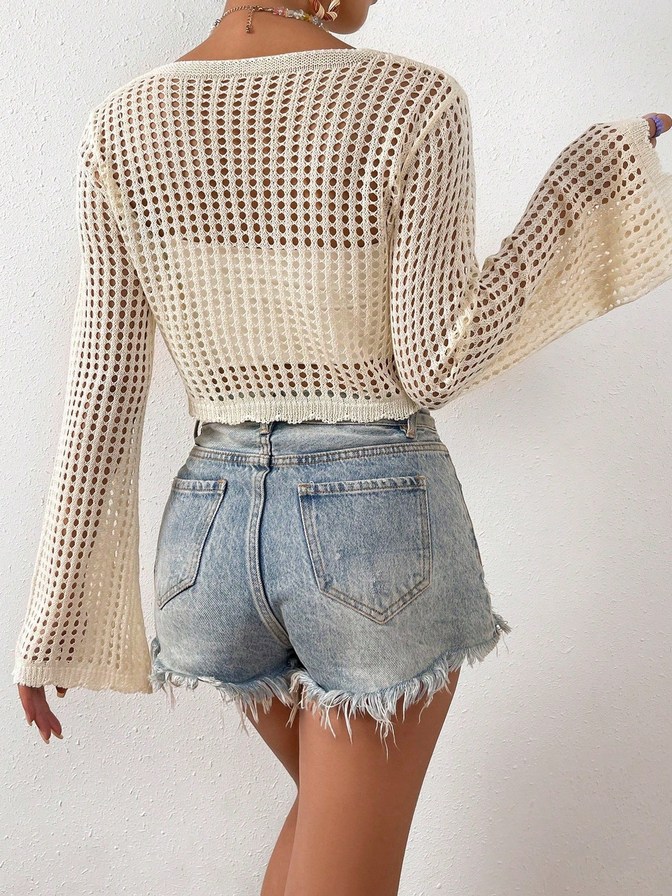 VVZ Women's Solid Color Open-Knit Cropped Cardigan with Front Tie