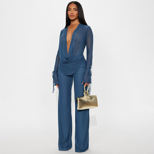 VVZ Deep V-Neck Mesh Top Paired with Wide-Leg Pants