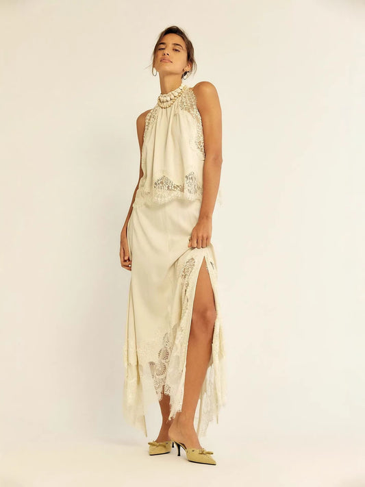 VVZ Women's Elegant Solid-Color Satin Two-Piece Set with Lace Splicing