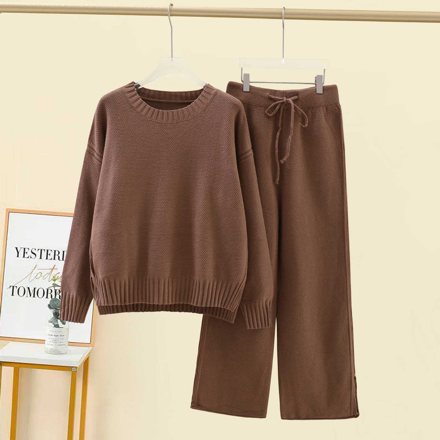 VVZ Women'S Oversized Round Neck Sweater & Wide-Leg Pants Two-Piece Set