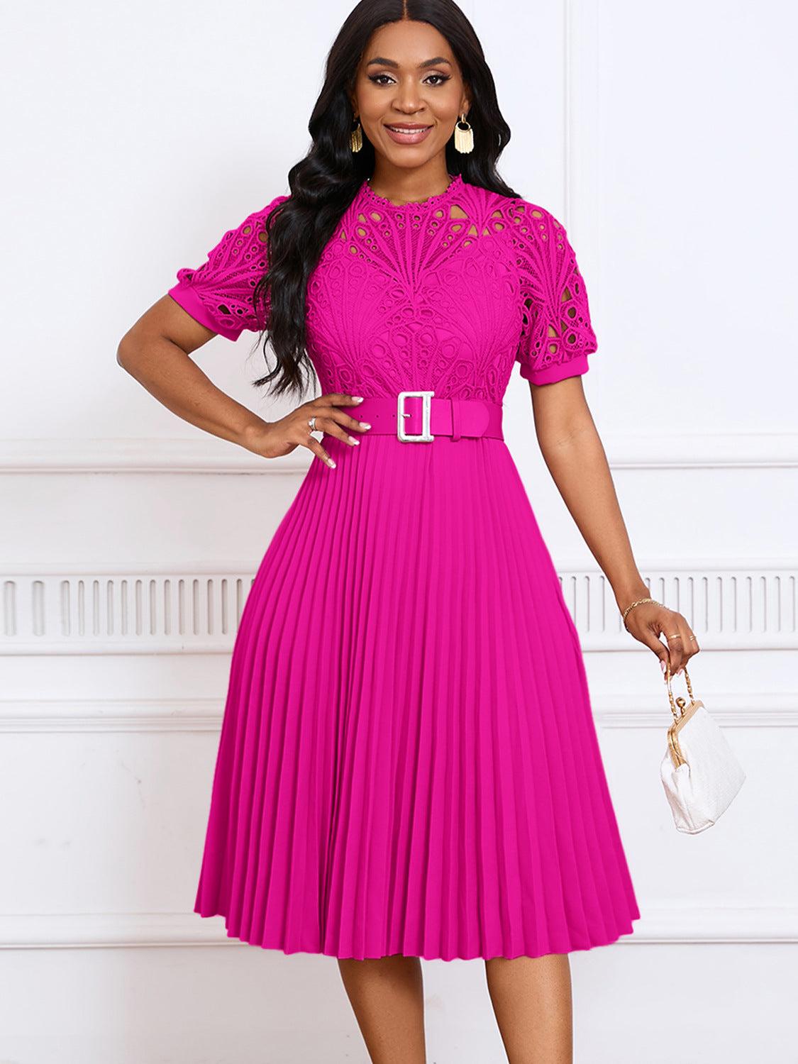 VVZ Women's Solid-Color Round-Neck Puff-Sleeve Mini Dress