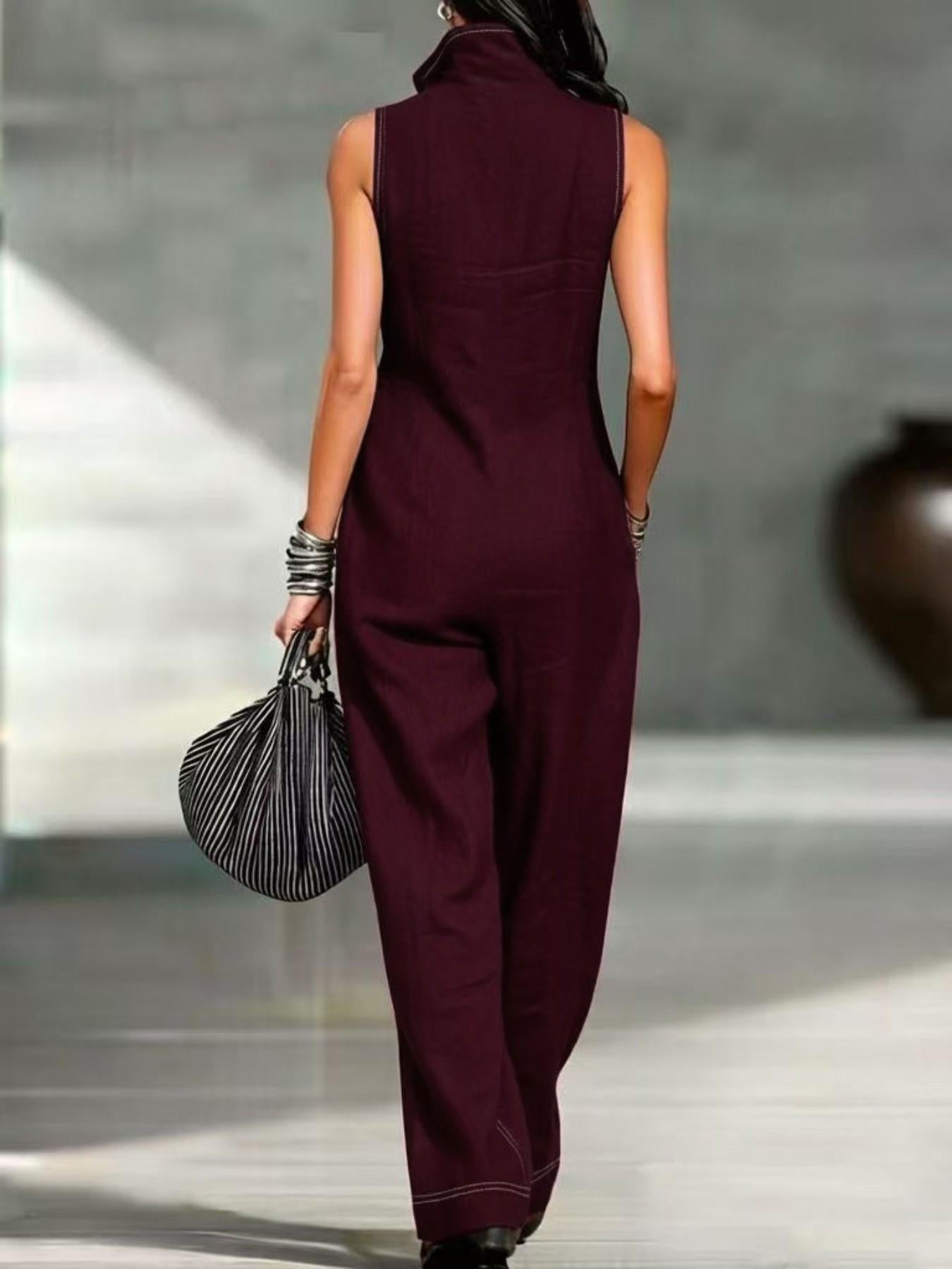 VVZ Women's Stand-Collar Sleeveless Loose-Fit Casual Jumpsuit