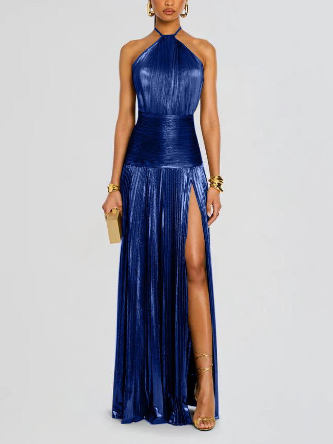 VVZ Halter-Neck Metallic Pleated Maxi Dress