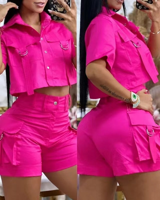 VVZ Solid-Color Button-Front Slim-Fit Cropped Top and Shorts Set