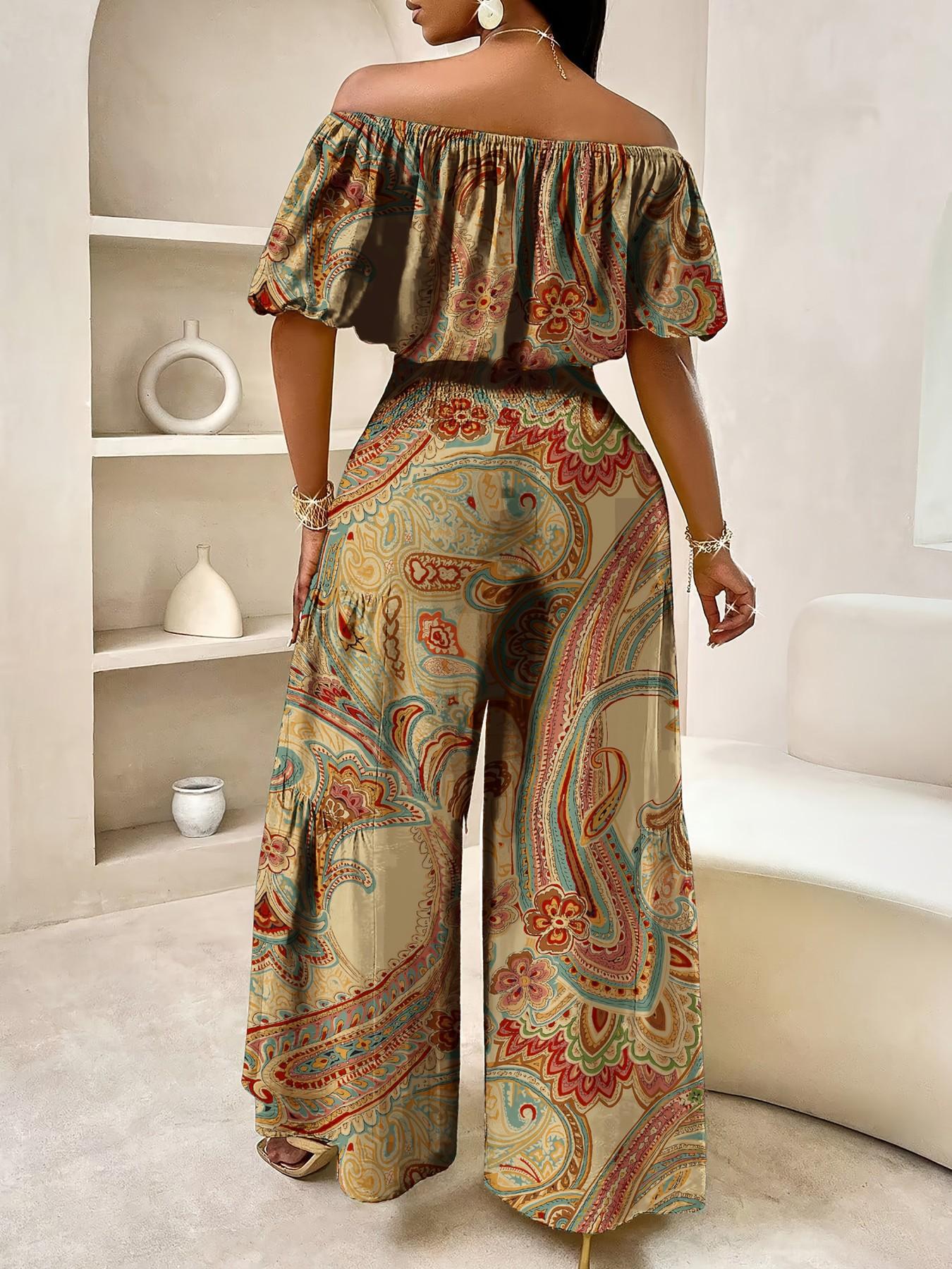 VVZ Off-Shoulder Puff-Sleeve Cropped Top and High-Waisted Drawstring Wide-Leg Pants