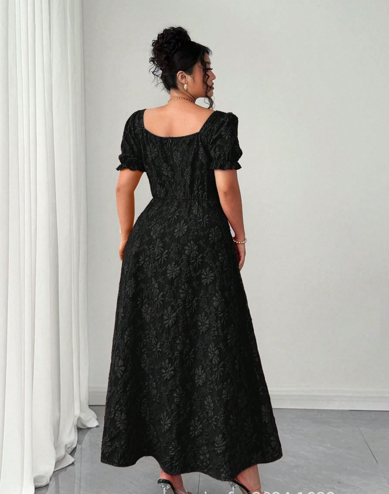 VVZ Plus-Size Embroidered A-Line Maxi Dress with Square Neckline, Puff Sleeves, and Tie Detail