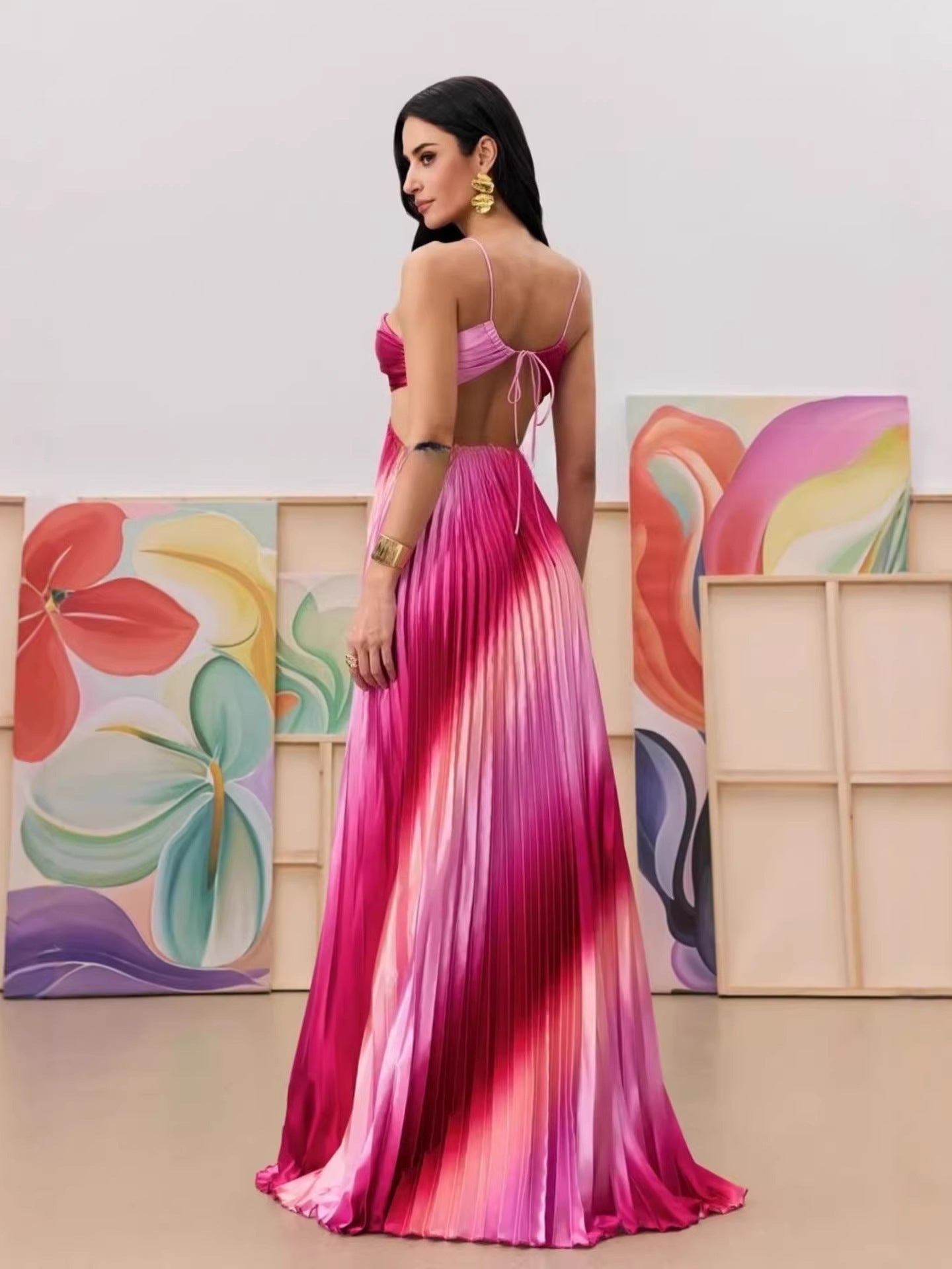 VVZ Pink Ombré Pleated Satin Long Gown