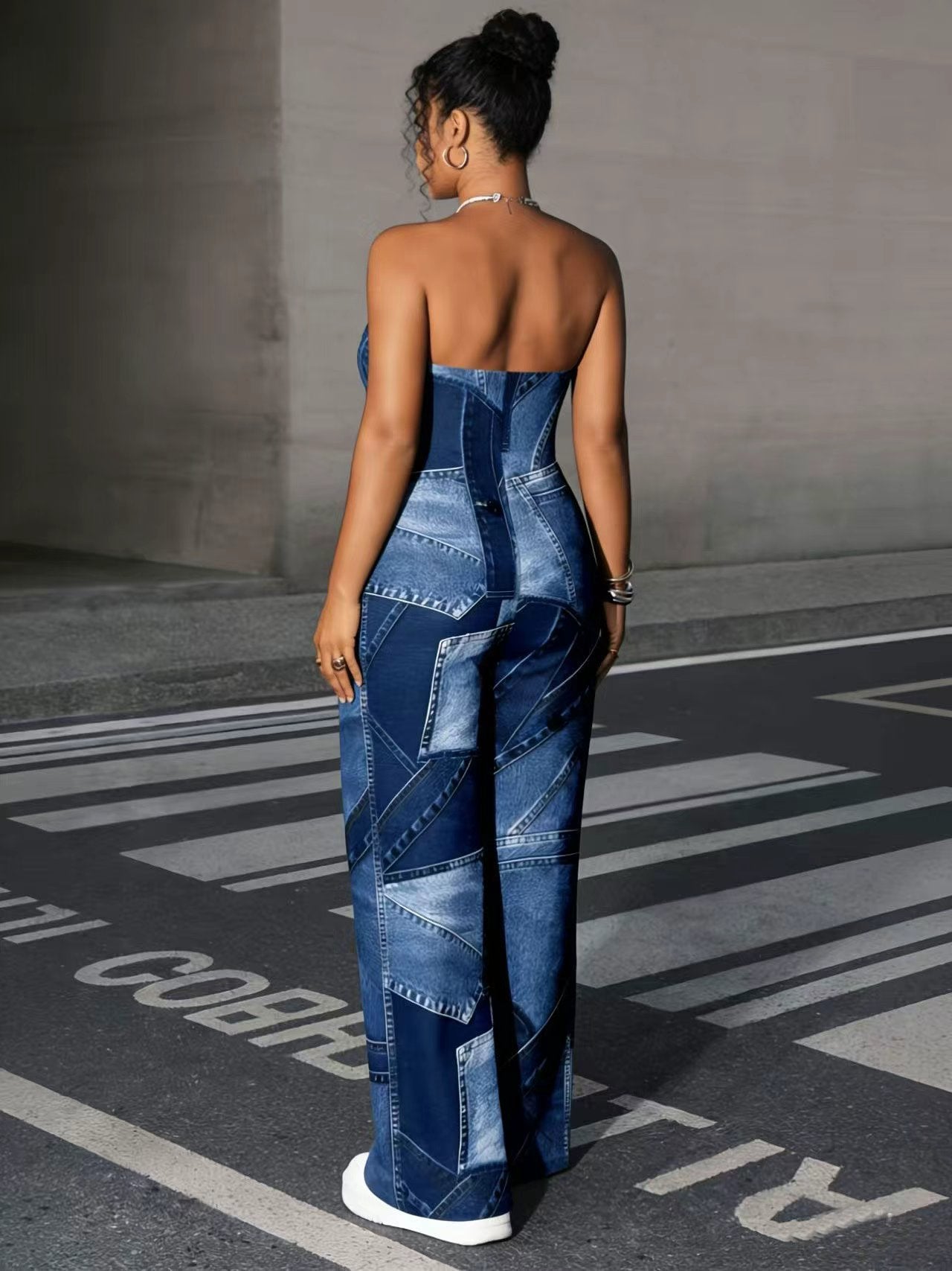 VVZ Trendy Faux-Denim Print Jumpsuit