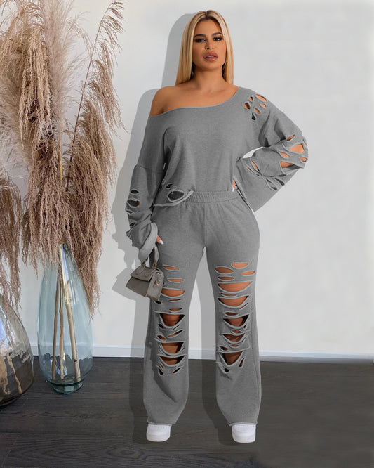 VVZ Women's Distressed Asymmetrical-Collar Knit Pullover and Wide-Leg Pants Set