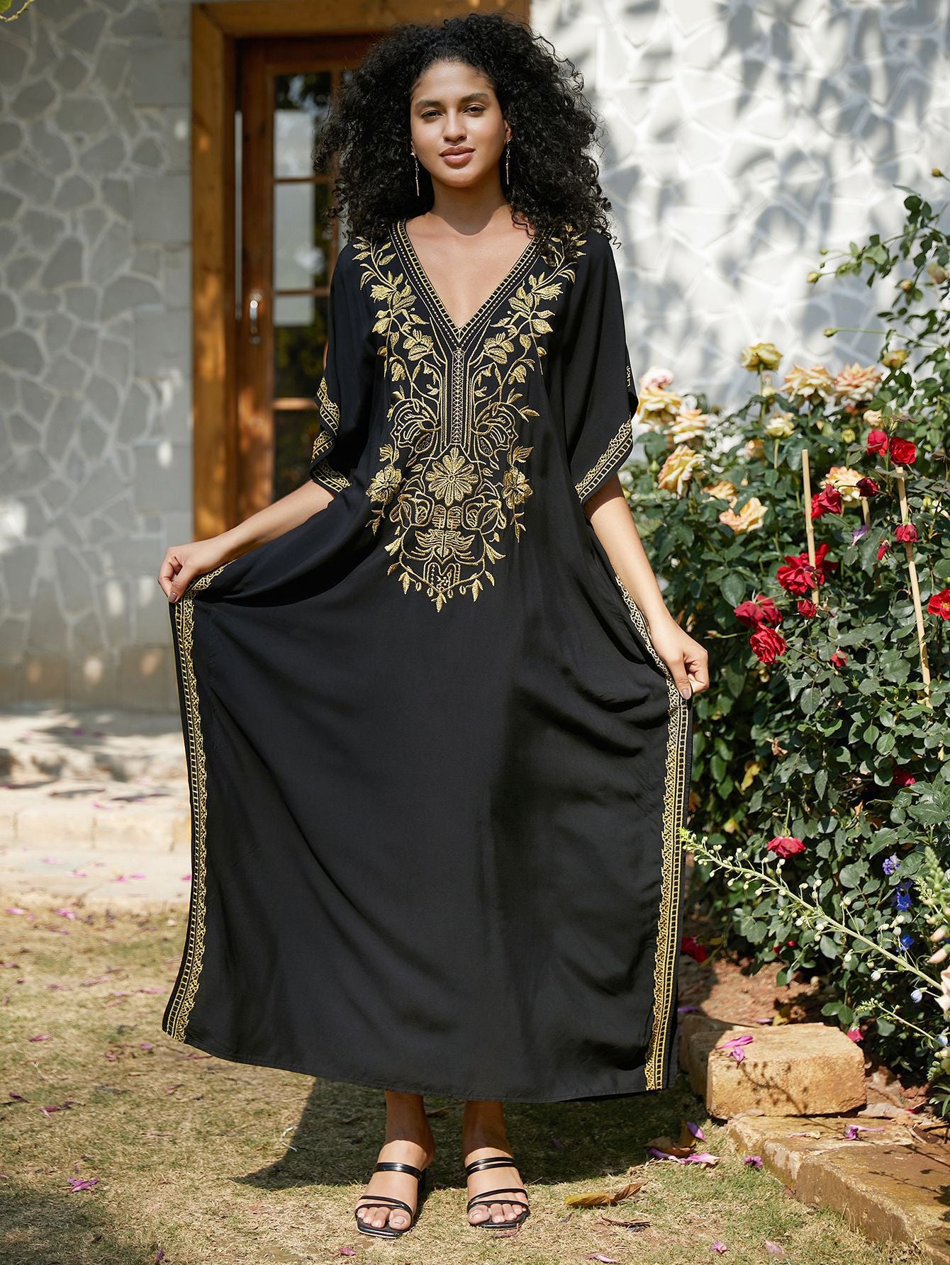 VVZ Elegant Summer V-Neck Half-Sleeve Maxi Dress