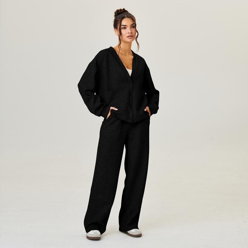 VVZ Women's Slouchy Solid Color V Neck Long Sleeve Button Cardigan & Drawstring Waist  Two Piece