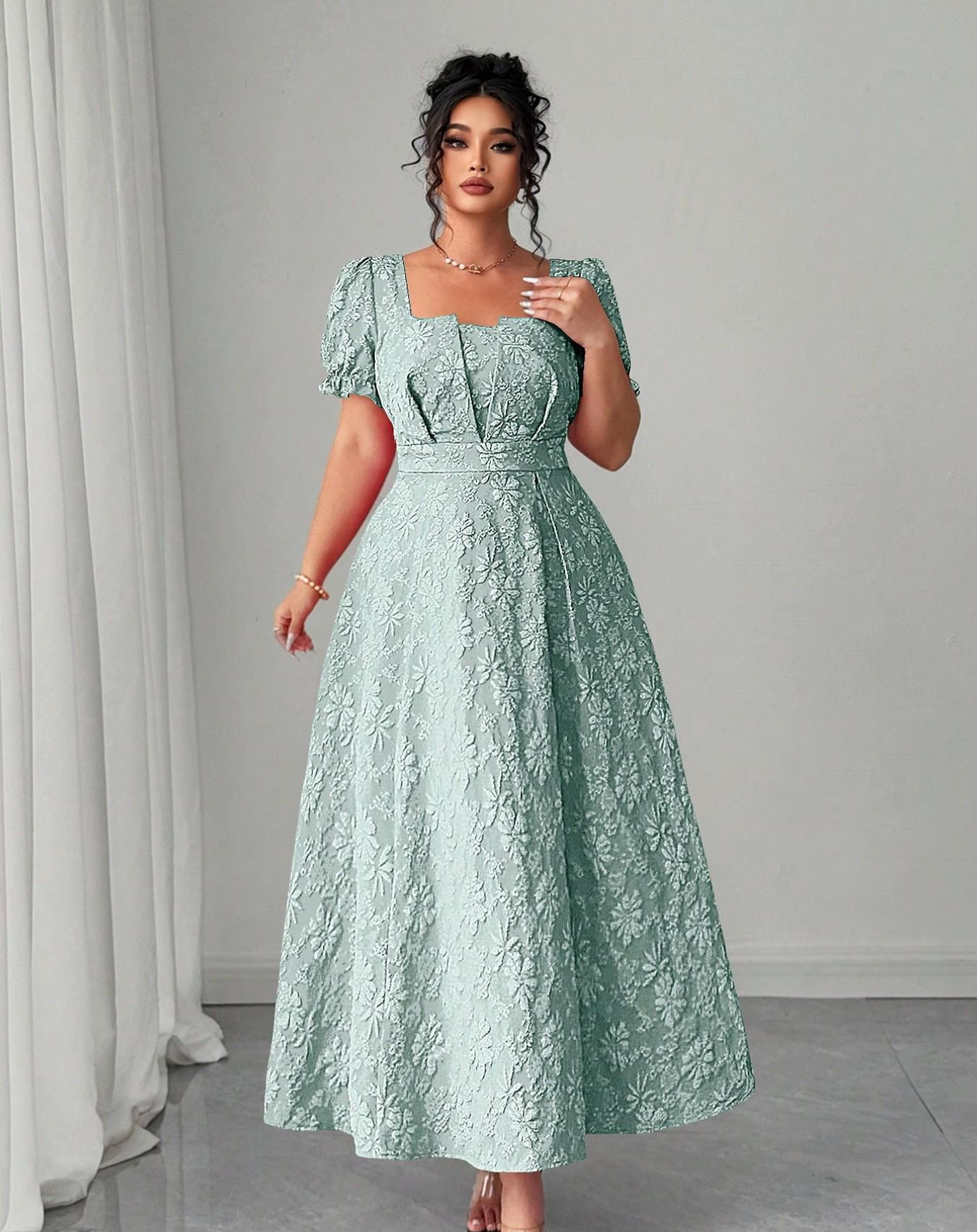 VVZ Plus-Size Embroidered A-Line Maxi Dress with Square Neckline, Puff Sleeves, and Tie Detail