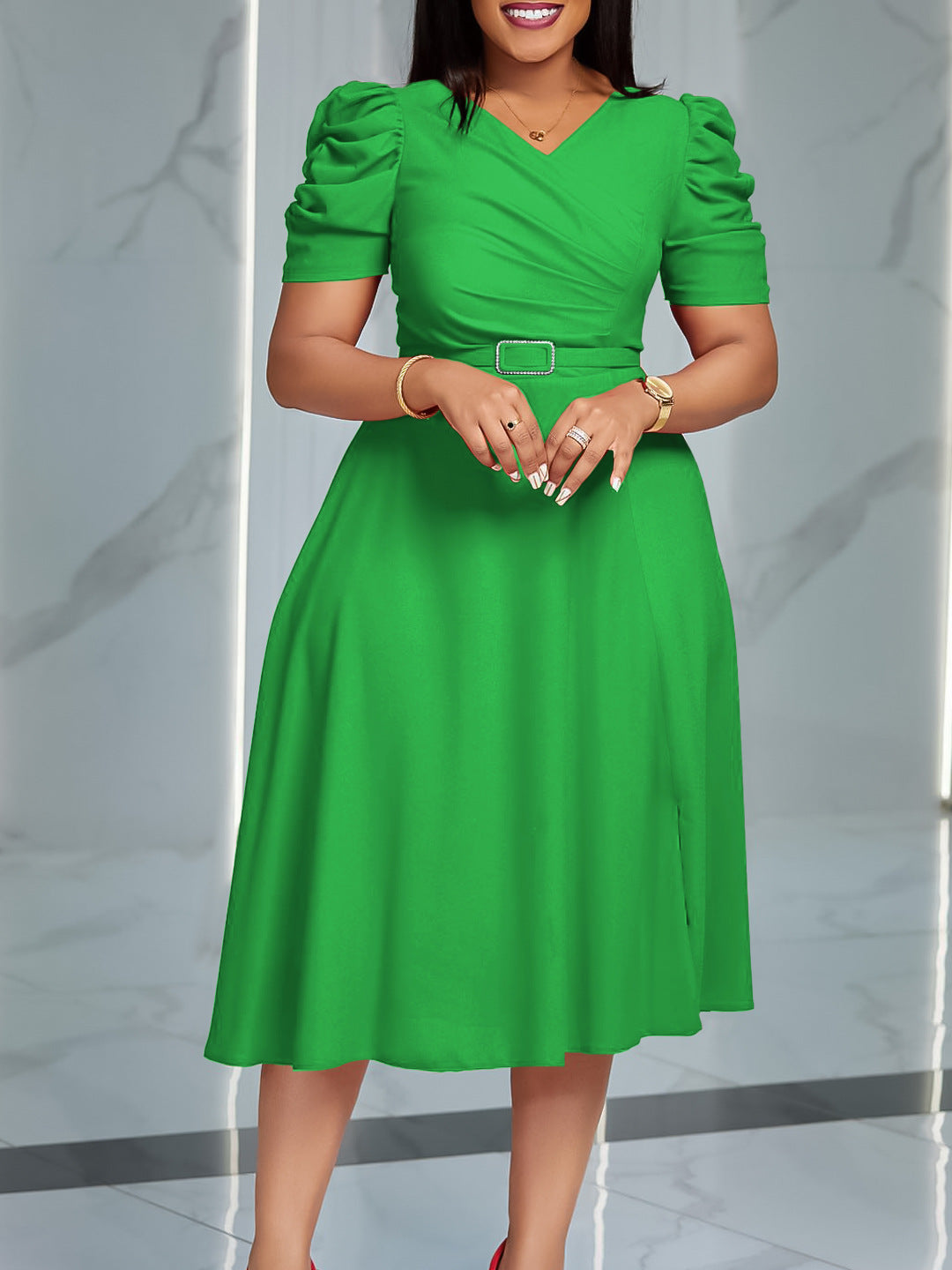 VVZ Women's Solid-Color Lace-Up V-Neck Dress