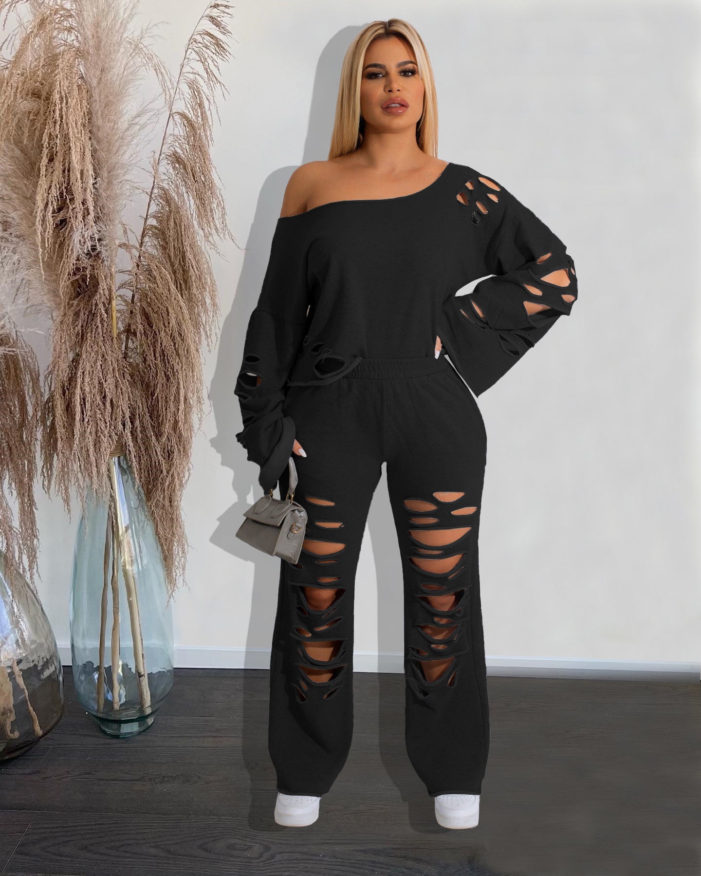 VVZ Women's Distressed Asymmetrical-Collar Knit Pullover and Wide-Leg Pants Set