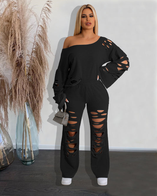 VVZ Women's Distressed Asymmetrical-Collar Knit Pullover and Wide-Leg Pants Set