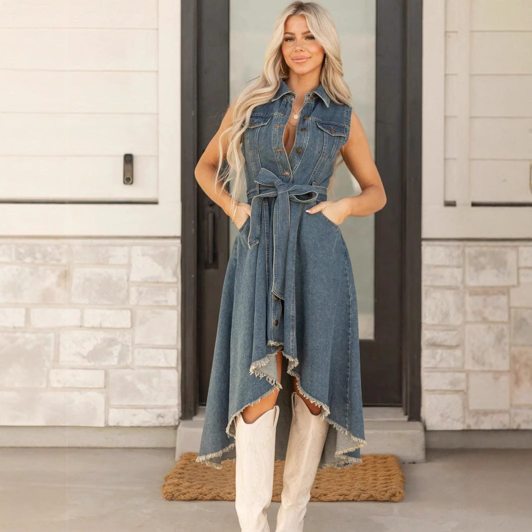 VVZ Women's Summer Retro-Style Sleeveless Denim Dress with Asymmetrical Hem