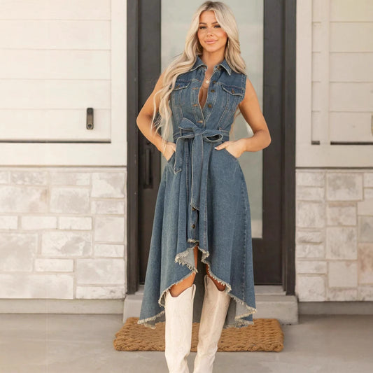 VVZ Women's Summer Retro-Style Sleeveless Denim Dress with Asymmetrical Hem