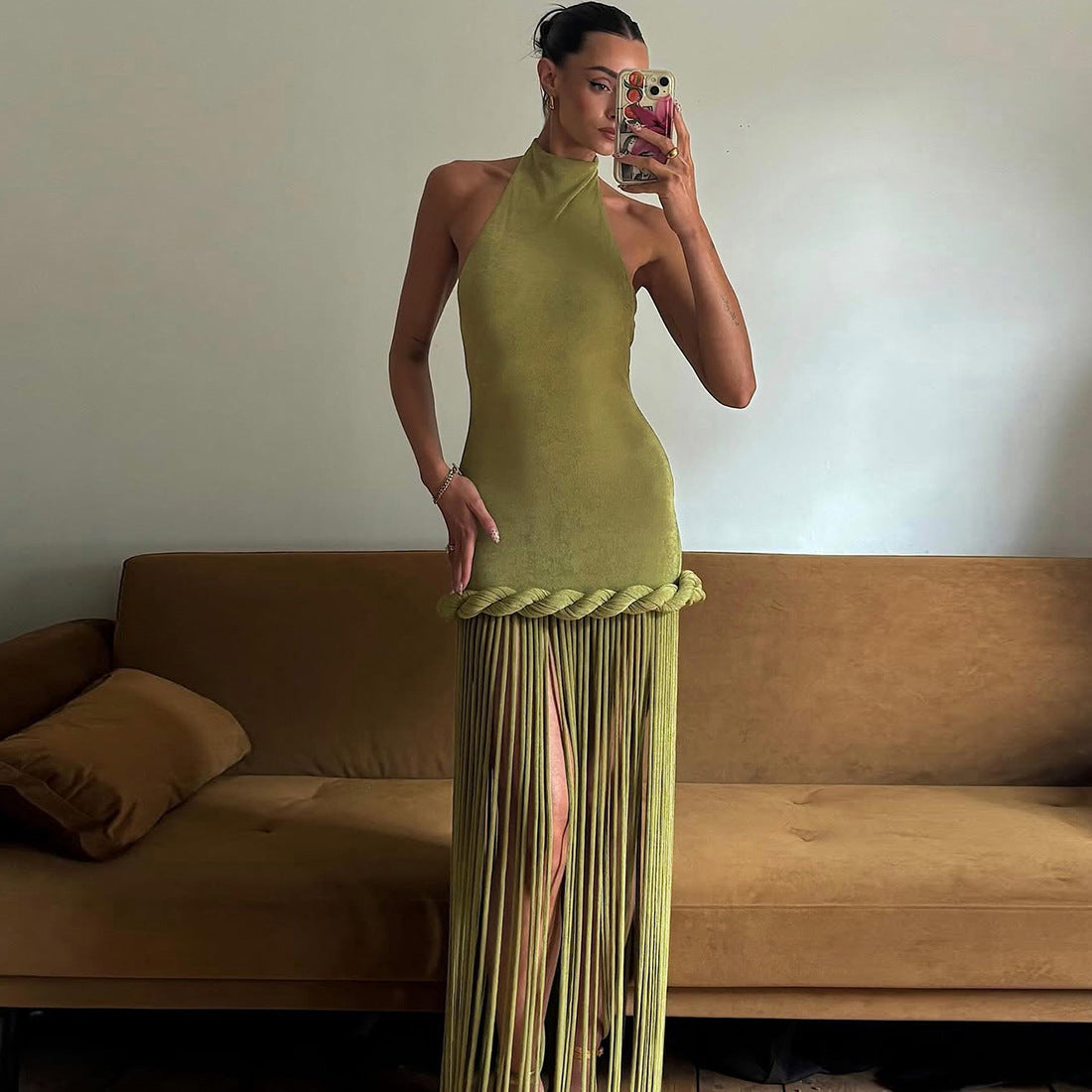 VVZ Sexy Halter-Neck Backless Solid-Color Dress