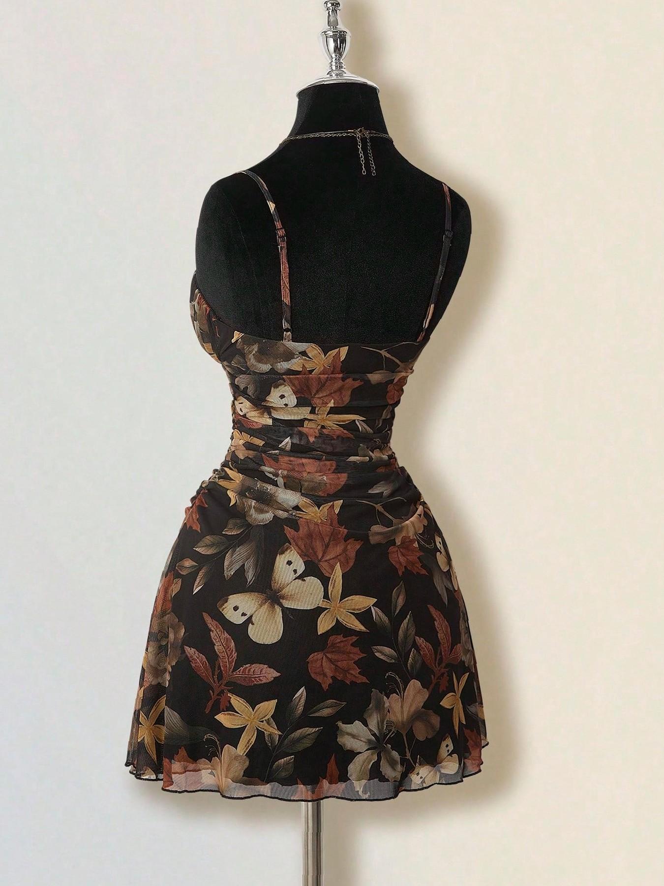 VVZ Women's Vintage Maple Leaf Print Ruched Mini Dress