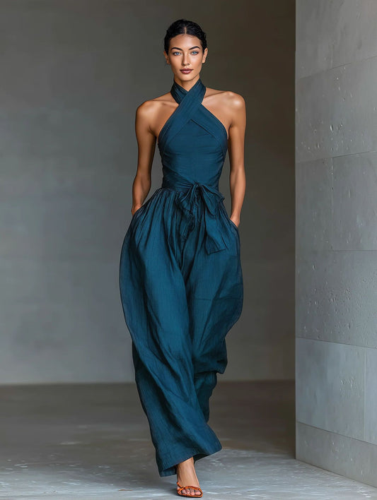 VVZ Women's Solid-Color Sleeveless Halter-Neck Tie-Front Jumpsuit