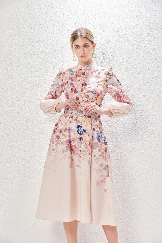 VVZ Belted Balloon Sleeve Floral Dress