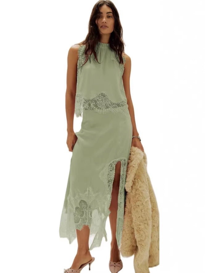 VVZ Women's Elegant Solid-Color Satin Two-Piece Set with Lace Splicing